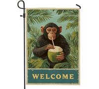 Drapeau de jardin animal tropical bienvenu, singe vert noix de coco, bannière de décoration d'intérieur, drapeau de cour double face en toile de jute, décoration de pelouse extérieure, 30,5 x 45,7 cm