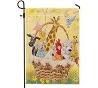 Drapeau de jardin animaux de Pâques mignon chien girafe poussin vache oiseau prairie fleur printemps jaune lin pour bienvenue Pâques patio cour drapeau décoration pour porche, pelouse, fête double