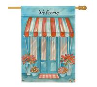 Drapeau de jardin aquarelle bleu bienvenu, bannière de décoration d'intérieur à rayures, toile de jute double face, décoration de pelouse extérieure, 71,1 x 101,6 cm