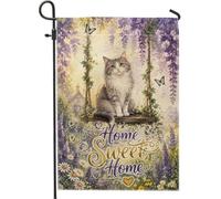Drapeau de jardin aquarelle chat sur balançoire 30,5 x 45,7 cm | Vignes de glycine, drapeau de cour, accents de papillon, balançoire en bois rustique, esthétique rustique