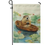 Drapeau de jardin aquarelle d'été - Jolie marmotte dans un bateau avec nénuphars - Double face en toile de jute - Décoration extérieure pour pelouse et jardin - 30,5 x 45,7 cm