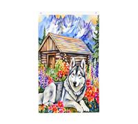Drapeau de jardin aquarelle représentant un husky, en polyester lavable, double face, à suspendre au mur pour décorer votre jardin ou votre fête (90 x 150 cm). Idéal pour les fêtes et les jardins.