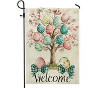 Drapeau de jardin arbre à œufs de Pâques, décoration florale de couleur pastel, drapeau double face en toile de jute pour la saison du printemps, bienvenue 30,5 x 45,7 cm