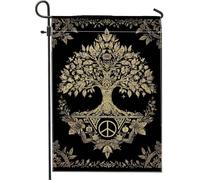 Drapeau de jardin arbre de vie doré, symbole de paix noir, décoration extérieure, bannière florale double face, décoration de la maison pour fêtes 30,5 x 45,7 cm