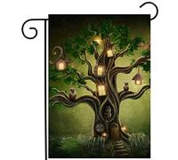 Drapeau De Jardin Arbre Mystérieux Oiseaux Hiboux Lanterne Maison Dans Une Fée Fantastique Drapeaus Décoratif Antifouling Garden Flag Couleurs Vives Drapeau De Bienvenue Pour Home 30X45Cm