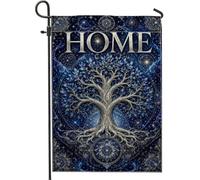 Drapeau de jardin arbre, mystique artistique, feuilles, racines, maison, toile de jute bleue, double face, petit drapeau de jardin pour extérieur, terrasse, pelouse, porche, entrée, camping 30,5 x