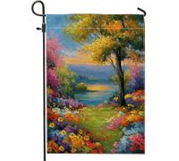 Drapeau de jardin arbre, paysage de fleurs impressionnistes, lac printanier, toile de jute verte double face, petit drapeau de jardin pour extérieur, porche, pelouse, terrasse, 30,5 x 45,7 cm