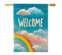 Drapeau de jardin arc-en-ciel de bienvenue, bannière de décoration extérieure avec nuages de ciel, drapeau double face en toile de jute, décoration de la maison pour toutes les occasions, 71 x 101,6