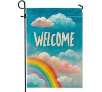 Drapeau de jardin arc-en-ciel de bienvenue, bannière de décoration extérieure avec nuages de ciel, drapeau double face en toile de jute, décoration de la maison pour toutes les occasions 30,5 x 45,7