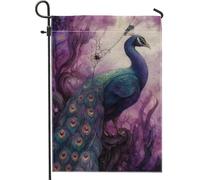 Drapeau de jardin artistique en forme de paon, oiseau à plumes violettes, bannière de décoration d'intérieur, drapeau double face en toile de jute pour décoration de pelouse d'Halloween, 30,5 x 45,7