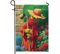 Drapeau de jardin artistique, jardinier rouge avec fleurs, bannière de décoration d'intérieur, drapeau double face en toile de jute pour décoration de pelouse extérieure, 30,5 x 45,7 cm