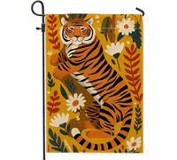 Drapeau de jardin artistique, tigre jaune avec bannière florale pour décoration d'intérieur, drapeau de cour double face en toile de jute pour décoration de pelouse extérieure, 30,5 x 45,7 cm