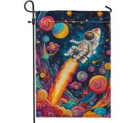 Drapeau de jardin astronaute cosmique fusée, décoration d'univers spatial coloré, bannière double face pour pelouse extérieure, parfaite pour les fêtes d'été, 30,5 x 45,7 cm