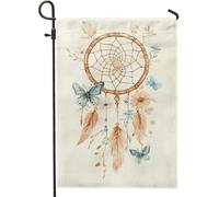 Drapeau de jardin attrape-rêves, plumes beiges douces, décoration extérieure, bannière de cour de style bohème, bannière de cour double face en toile de jute pour festival, événements 30,5 x 45,7 cm
