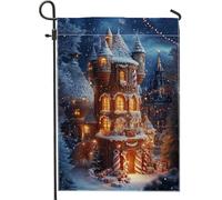 Drapeau de jardin au pays des merveilles d'hiver, maison en pain d'épices, drapeau de décoration extérieure double face en toile de jute pour la saison des vacances, décoration de pelouse de Noël