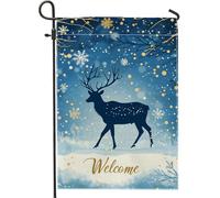 Drapeau de jardin au pays des merveilles d'hiver, rennes bleus, drapeau de cour double face pour la saison des vacances, décoration de pelouse festive 30,5 x 45,7 cm