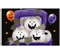 Drapeau De Jardin Autumn Halloween Pumpkins Lantern Balloon On Car Pride Flag Amusante Drapeaus Décoratif Couleur Vive Drapeau De Bienvenue Pour Patio Pavillon Cour 152X90CM