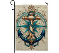 Drapeau de jardin avec ancres nautiques - Boussole bleue - Bannière de décoration d'intérieur - Drapeau double face en toile de jute pour décoration de pelouse d'été - 30,5 x 45,7 cm
