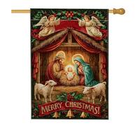 Drapeau de jardin avec anges de Noël, crèche de Noël verte, bannière de décoration de vacances, drapeau de cour double face en toile de jute décoration extérieure 71 x 101,6 cm