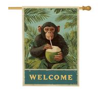 Drapeau de jardin avec animaux tropicaux de bienvenue, singe vert noix de coco, bannière de décoration d'intérieur, drapeau double face en toile de jute, décoration de pelouse extérieure, 71,1 x 101,6