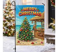 Drapeau de jardin avec arbre de Noël et plage tropicale 30,5 x 45,7 cm | Bar Tiki tropical, drapeau de cour, perroquets colorés, décoration de vacances côtières, thème île, décor de plage