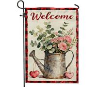 Drapeau de jardin avec arrosoir - Fleurs vintage rustiques - Eucalyptus rouge printemps - Double face en toile de jute - Petit drapeau de jardin pour extérieur, pelouse, porche, terrasse, entrée