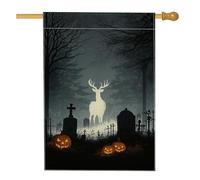 Drapeau de jardin avec cerf d'Halloween, paysage effrayant noir avec citrouilles et pierres tombales, décoration extérieure, bannière double face en toile de jute pour décoration d'automne, 71 x 101
