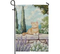 Drapeau de jardin avec chat d'été, chaton roux dans un jardin fleuri, bannière de décoration d'intérieur, drapeau double face en toile de jute, décoration de pelouse extérieure, 30,5 x 45,7 cm