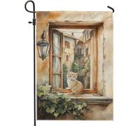 Drapeau de jardin avec chat d'été dans une fenêtre, chaton tigré orange, décoration d'intérieur, drapeau de jardin, drapeau décoratif double face pour décoration extérieure, pelouse et terrasse, 30,5