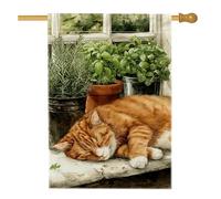 Drapeau de jardin avec chat d'été, tigré orange endormi dans un jardin d'herbes aromatiques, bannière de décoration d'intérieur, drapeau double face en toile de jute, décoration de pelouse extérieure