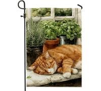 Drapeau de jardin avec chat d'été, tigré orange endormi dans un jardin d'herbes aromatiques, bannière de décoration d'intérieur, drapeau double face en toile de jute, décoration de pelouse extérieure