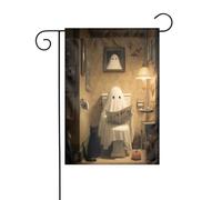 Drapeau de jardin avec chat noir - Motif fantôme mignon lisant journal, toilettes - 30 x 45 cm - Double face - Pour ferme, vacances, extérieur, décoration extérieure