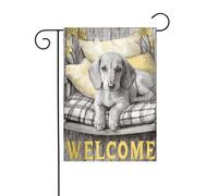 Drapeau de jardin avec chiot teckel sur une balançoire de porche, 30 x 45 cm, double face, vertical, ferme, vacances, décorations extérieures, drapeau de cour