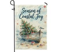 Drapeau de jardin avec citation de bateau à rames de Noël côtier 30,5 x | Mouette côtière, drapeau de cour, étoile de mer, coquillages, art aquarelle, décoration de vacances nautique