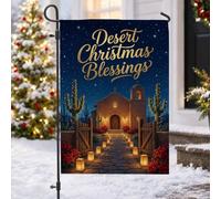 Drapeau de jardin avec citation de bénédiction de Noël du désert 30,5 x | Thème du sud-ouest, drapeau de cour, chemin Luminaria, poinsettias en fleurs, ciel étoilé, cactus décoratif