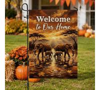 Drapeau de jardin avec citation de bienvenue Motif famille d'éléphants 30,5 | Faune africaine, drapeau de cour, paysage de coucher de soleil, feuillage d'automne, thème familial, décoration d'intérieur