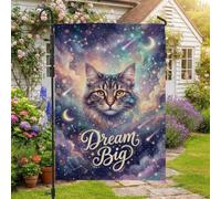 Drapeau de jardin avec citation de chat céleste Dream Big Céleste 30,5 x | Thème céleste, drapeau de cour, citation inspirante, fond galaxie, art animal fantaisie, décoration de jardin extérieur
