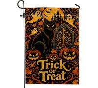 Drapeau de jardin avec citation de chat d'Halloween et Jack-o'-Lantern 30,5 | Pierre tombale gothique, drapeau de pelouse, fantômes flottants, lanternes souriantes, feuilles d'érable d'automne