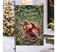 Drapeau de jardin avec citation de dragon de Noël magique 30,5 x 45,7 cm | Dragon, drapeau de cour, branches de pin enneigées, baies de houx, ornements, art fantastique, décoration d'hiver extérieure