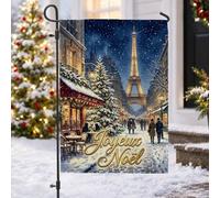 Drapeau de jardin avec citation de la Tour de Paris Paris 30,5 x 45,7 cm | Scène de rue parisienne, drapeau de pelouse, café festif, chute de neige d'hiver, décoration saisonnière extérieure