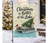 Drapeau de jardin avec citation de Noël au lac 30,5 x 45,7 cm | Oiseau cardinal, drapeau de cour, arbre de Noël, décoration de cabane de lac, fond de flocon de neige d'hiver