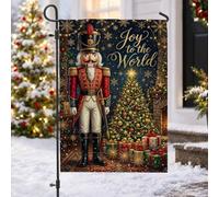 Drapeau de jardin avec citation de Noël Casse-noisette Joy To The World | Soldat casse-noisette, drapeau de cour, arbre de Noël, boîtes cadeaux, cheminée, flocons de neige dorés, fond bleu marine