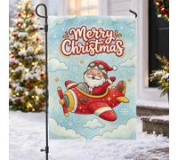 Drapeau de jardin avec citation de Noël en avion volant Père Noël 30,5 x | Avion rouge, drapeau de cour, nuages d'hiver, baies de houx, flocons de neige, lunettes d'aviateur, art saisonnier fantaisie