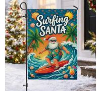 Drapeau de jardin avec citation de Noël tropicale Surf Père Noël 30,5 x | Palmiers, drapeau de pelouse, coucher de soleil tropical, planche de surf, verre à cocktail, vagues de l'océan