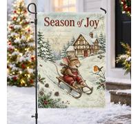 Drapeau de jardin avec citation de souris de Noël fantaisie 30,5 x 45,7 cm | Paysage d'hiver, drapeau de cour, paysage enneigé, chalet confortable, souris de luge, rouge-gorge, baies de houx, pins