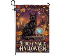 Drapeau de jardin avec citation d'Halloween chat céleste mystique 30,5 x | Motif étoile céleste, drapeau de cour, boule de cristal lumineuse, feuilles d'érable d'automne, silhouette de château