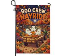 Drapeau de jardin avec citation d'Halloween Ghosts On Hayride 30,5 x 45,7 | Toile de fond de forêt d'automne, drapeau de cour, récolte de citrouilles, chariot de tracteur, style dessin animé fantaisie