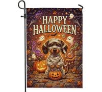 Drapeau de jardin avec citation d'Halloween Mummy Teckel 30,5 x 45,7 cm | Illustration de chien momie, drapeau de pelouse, seau Jack-o'-lanterne, fantômes flottants, feuilles d'automne
