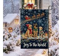Drapeau de jardin avec citation « Dogs Winter Christmas Joy » 30,5 x 45,7 | Paysage d'hiver, drapeau de cour, traîneau du Père Noël, pulls festifs, décoration de jardin en plein air