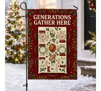Drapeau de jardin avec citation en anglais « Family Holiday Dinner » - 30,5 | Bordure houx, drapeau de pelouse, dinde rôtie, fête des vacances, thème de réunion de famille, décoration extérieure